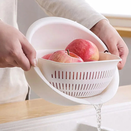 Kitchen Rotatable Double Drain Basket Fruits Vegetables Washing Storage Basket